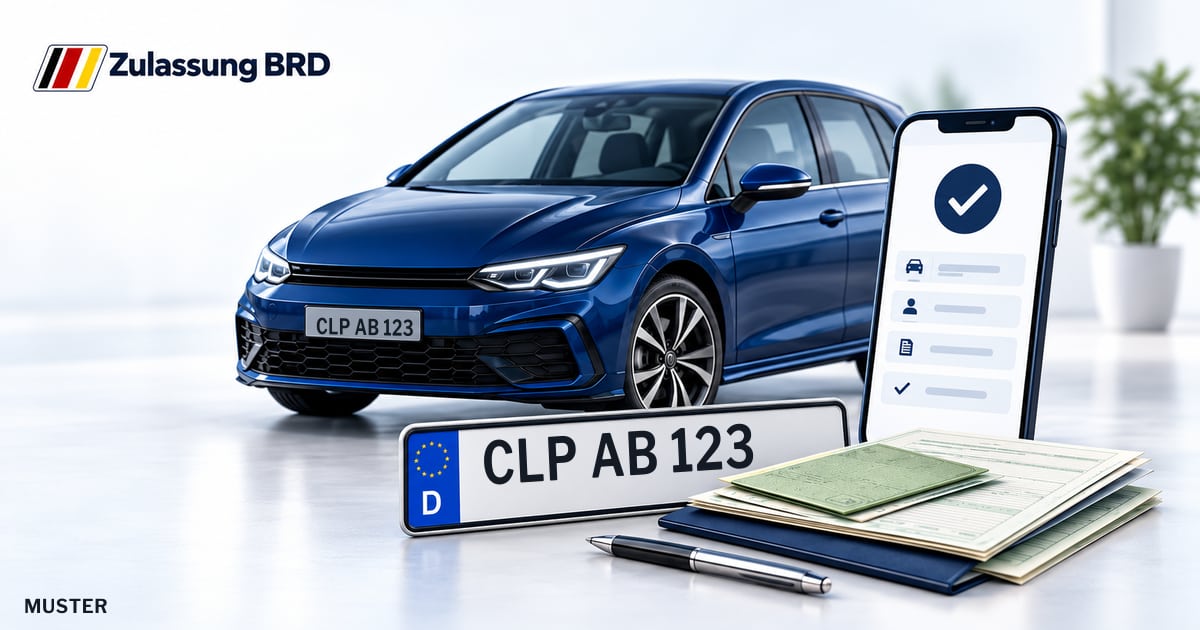 Online Fahrzeugzulassung in Saterland: Musterkennzeichen CLP AB 123, Auto und Fahrzeugpapiere und Smartphone. Illustration mit Logo von Zulassung BRD.